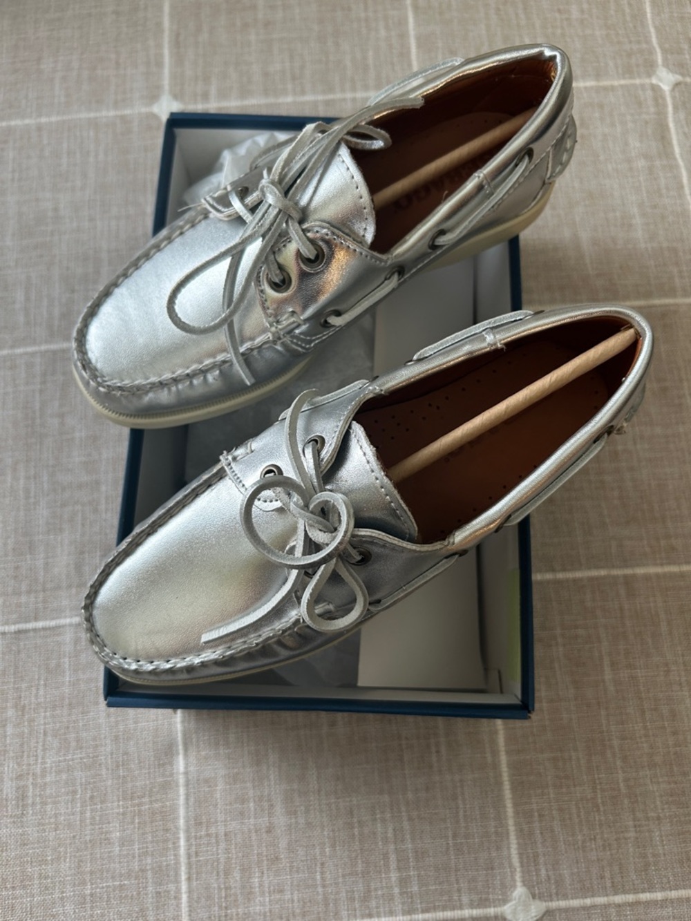Women’s Metallic Silver Boat Shoes - Lace-Up Comfort - No box top